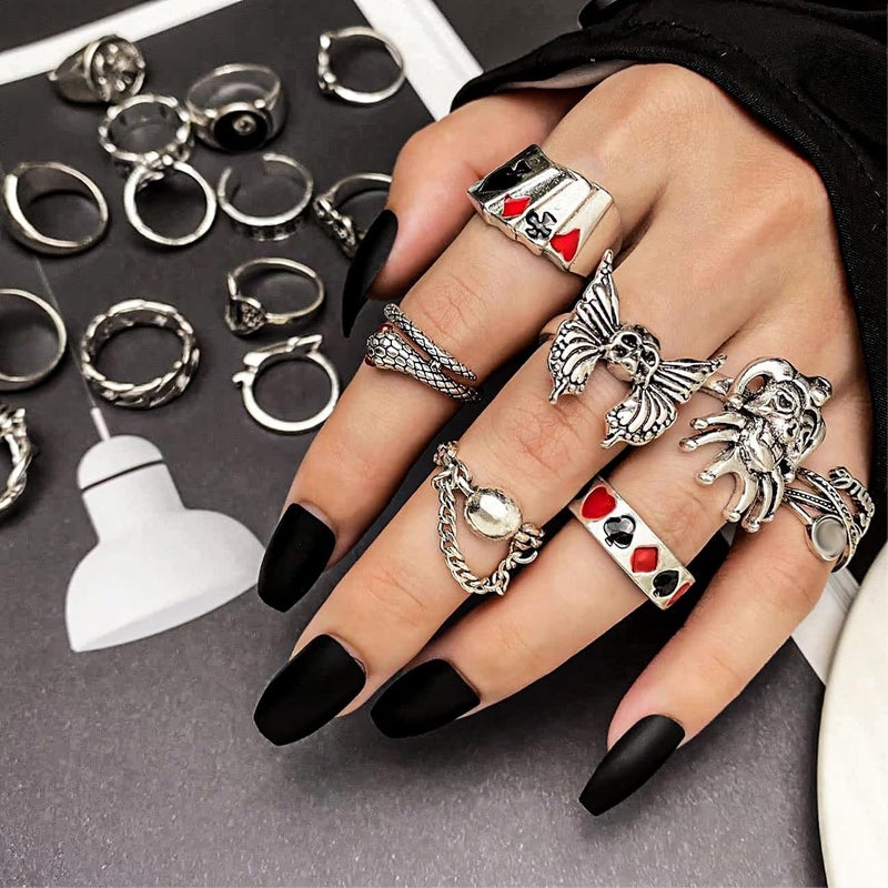 17IF 26-35 Pcs Vintage Silver Knuckle Rings Set for Women Men, Grunge Gothic Rings Chunky Aesthetic Snake Stackable Adjustable Punk Bulky Finger Alt Fairy Skull Frog Heart Star Flower Midi Ring Pack - Image 2